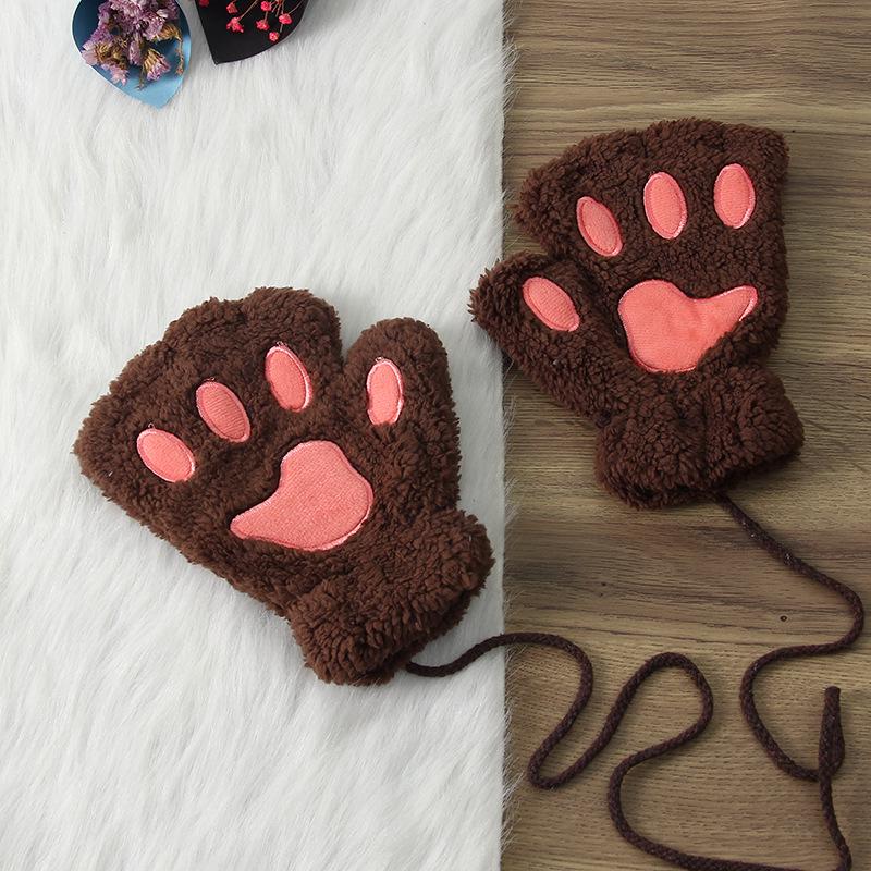 Winter Cute Cartoon Half-Finger Fleece Gloves for Women, Bear & Cat Paw Design.