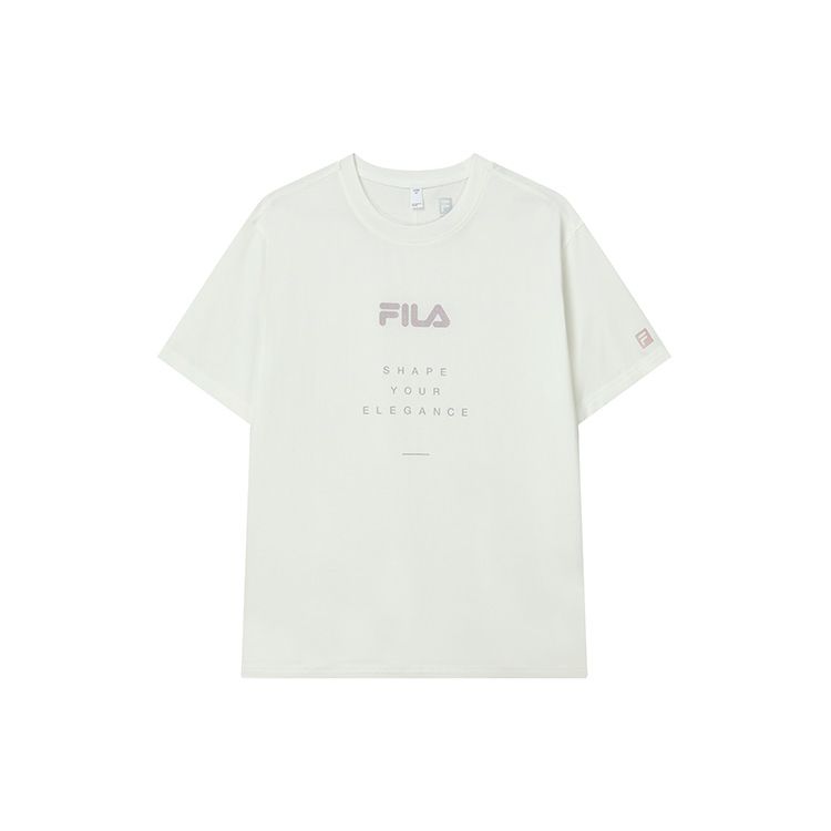Fila Спортивная футболка с коротким рукавом и спущенной линией плеча, однотонная, повседневная, для спорта и фитнеса, с круглым вырезом, женские топы, цвет: внебелый, A11W221107F-WT