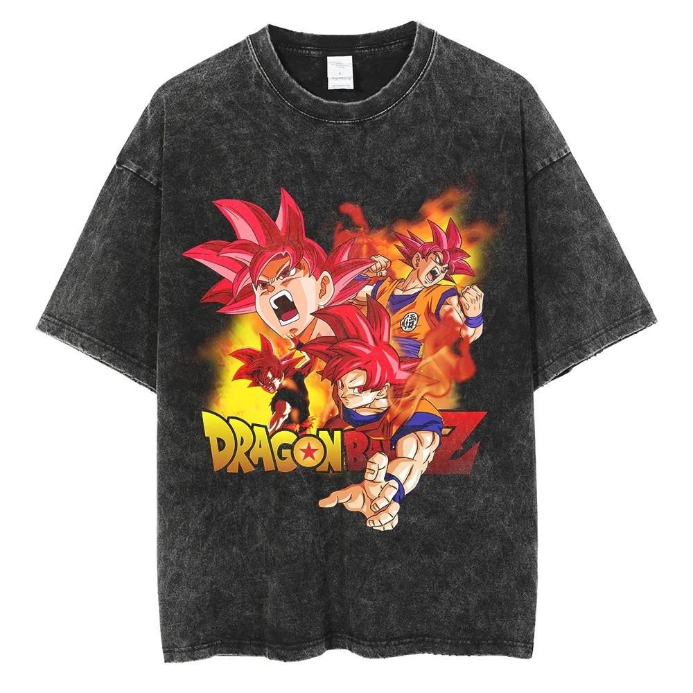 Men Hip Hop Streetwear T Shirt Dragon Ball Graphic T Shirt Cotton Loose Short Sleeve Black Washed Tshirt Oversize Harajuku