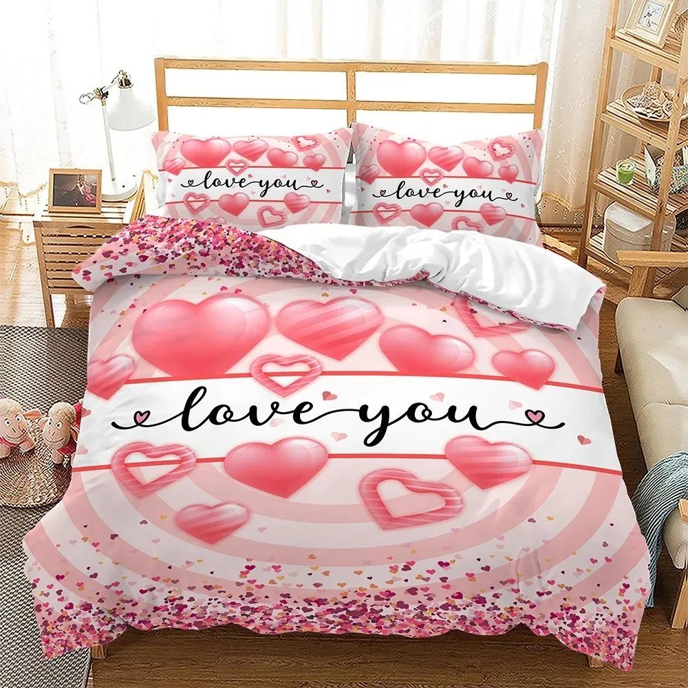 Love Heart Valentine's Day 3D Duvet Cover Bedding Set Comforter Linen Pillowcases Wedding Decor For Couples Twin King Queen