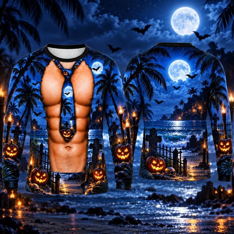 Halloween Pumpkin T Shirt Men 3D Muscle Body Print Long Sleeve Moon Night Tropical Palm Tree Beach Party Funny Costume Shirt