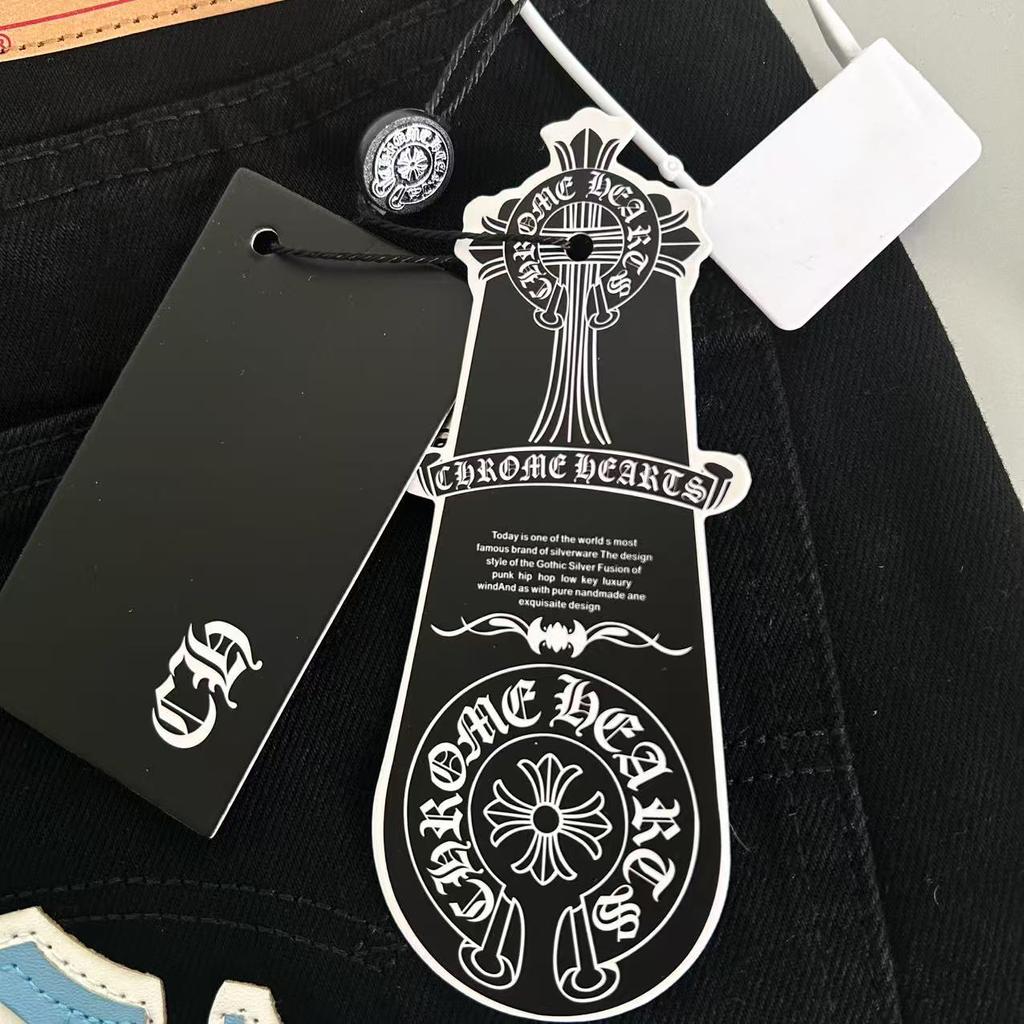 9904 CHROME HEARTS Men's and Women's American Style Trendy Jeans with Fabric Patches, Casual and Fashionable High Street Pants