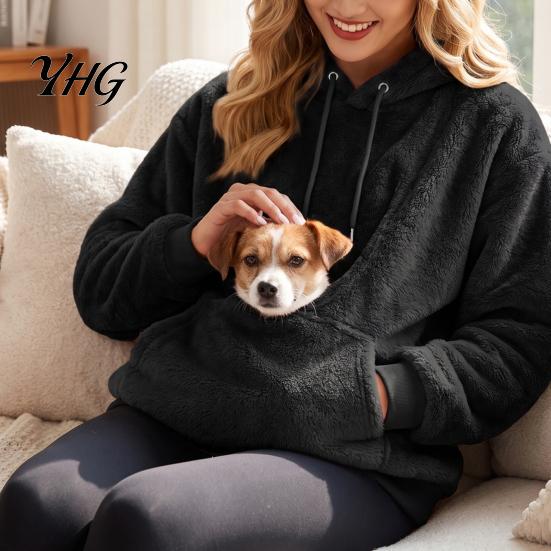 Warm Fleece Pullover Top Women Pet Pouch Hoodie, Oversized Fuzzy Hooded Sweatshirt with Kangaroo Hands Free Carrying Pouch, Dog Cat for Fall Winter