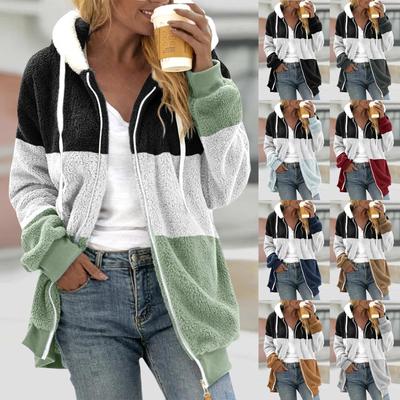 Женская свободная плюшевая куртка большого размера с разноцветными панелями на молнии с капюшоном