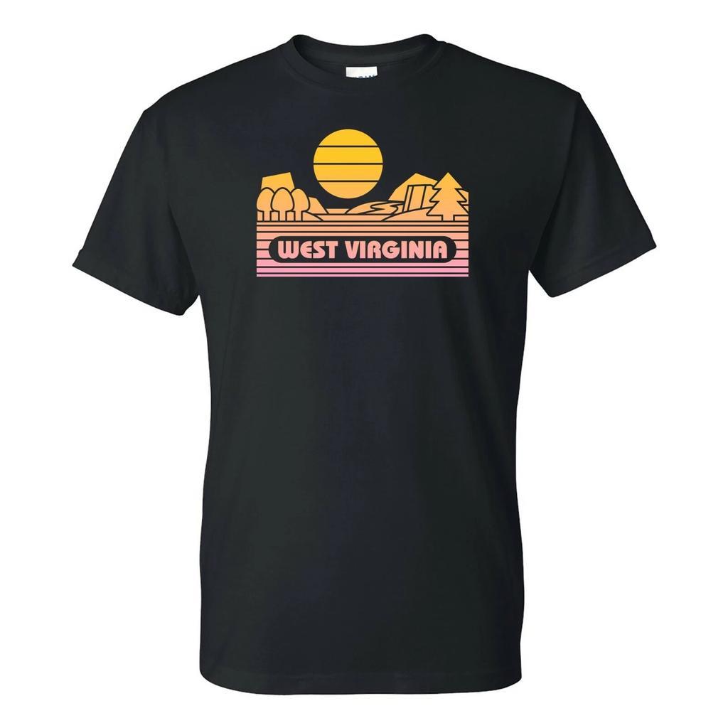 West Virginia Groovy Sunset - Landscape Vacation Home State T Shirt - Black
