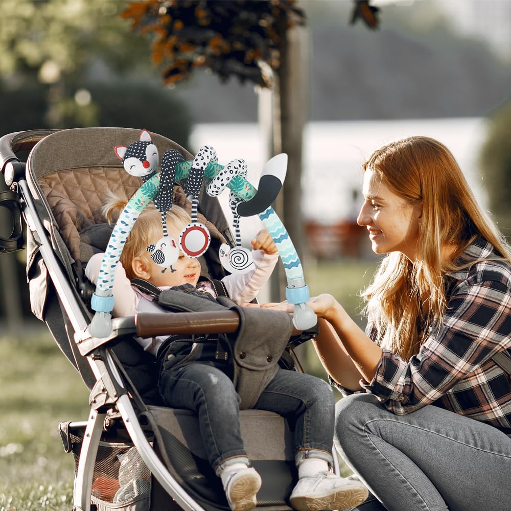 Игрушка-арка для коляски, Черно-белый растягивающийся и спиральный подвесной набор для занятий с погремушками, пищалками и прорезывателями, Совместимый с колясками, кроватками и