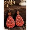 1 Pair New Vintage Carved Flower Teardrop PU Leather Women's Earrings