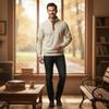 Men's Black Ribbed Sweater with Brown Leather Accents - Autumn Style for Outdoor Wear