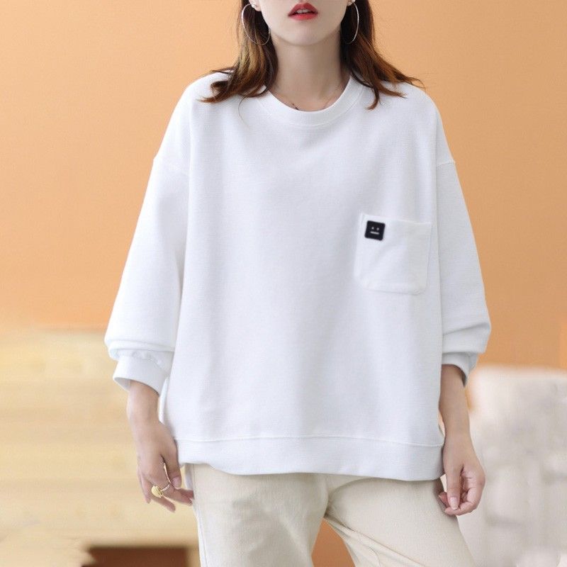 Fashionable and Versatile Women's Pure Cotton Sweatshirt Loose Round Neck Long Sleeve Loose Casual Pocket Top Pullover