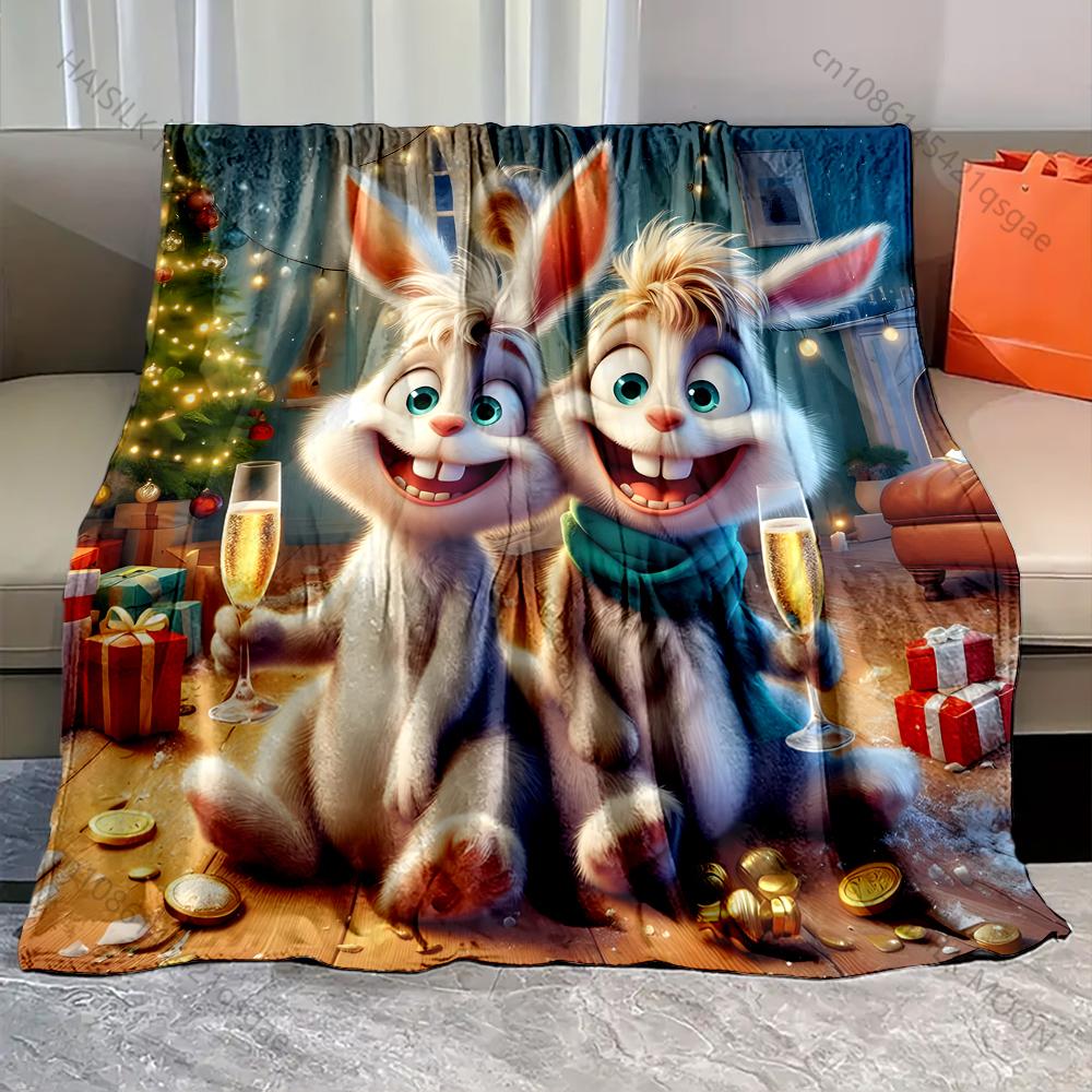 Festive Rabbits with Holiday Decor Pattern Blanket Flannel Material Soft Warm for All Seasons Home Outdoor Camping Picnics RV