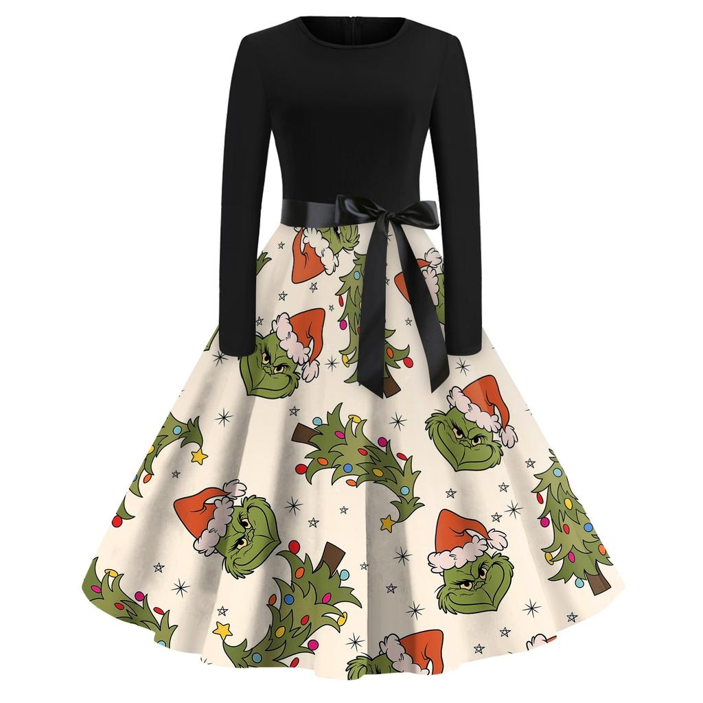 Женское повседневное рождественское платье с круглым вырезом и широкими рукавами, облегающее платье