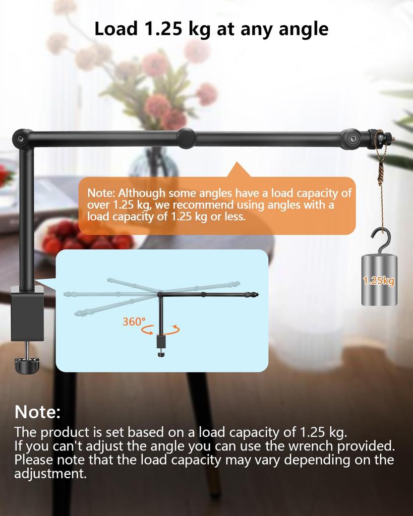 Hemmotop Camera Arm, Microphone Stand, Integrated Clamp, 1.25kg Load Capacity, Smartphone Arm, 360° & 340° Adjustable Angle, Desk Mount Stand, Copy