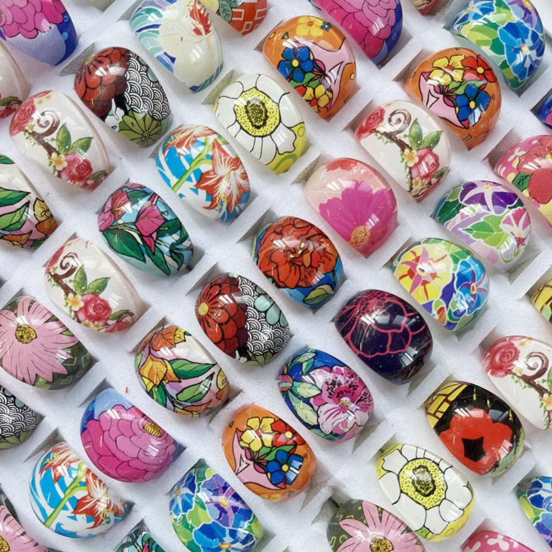 10 Pcs colorful cartoon floral pattern resin plastic children's ring ornaments