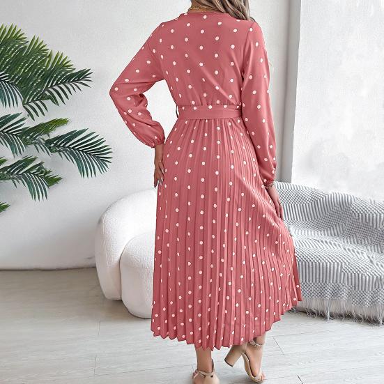 Women's Long Sleeve Dress V-Neck Polka Dot Dress with Tie Waist Long Pleated Dress for Office Parties Date