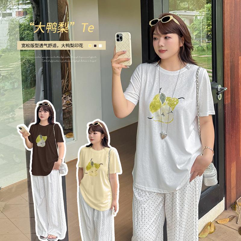 Fat mm summer pullover round neck big pear print T-shirt new loose cool and thin top 272767