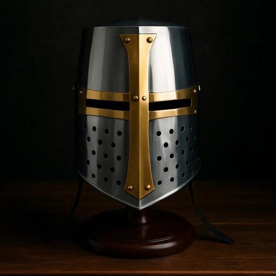 Great Crusader Helmet with Stand, Medieval Templar Helmet with Brass Cross, 18th Century Steel Armor