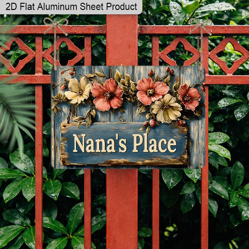 2D Flat 1pc 12"x8" Retro Floral Aluminium Wall Art with "Nana's Place" Quote - Vintage Grandma's Home Decor, Rustic Flower Design, Durable Metal Sign