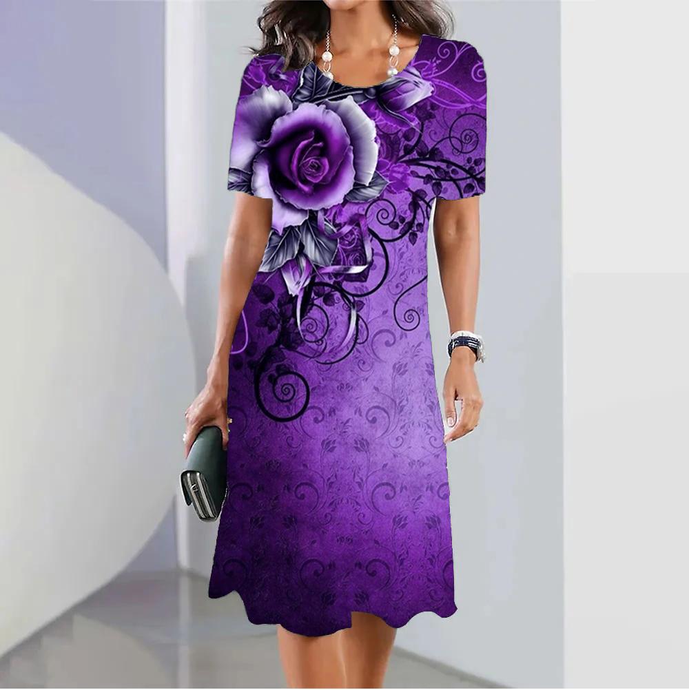 Модное женское свободное платье-трапеция с принтом ежевичных роз и коротким рукавом с круглым вырезом и принтом листьев