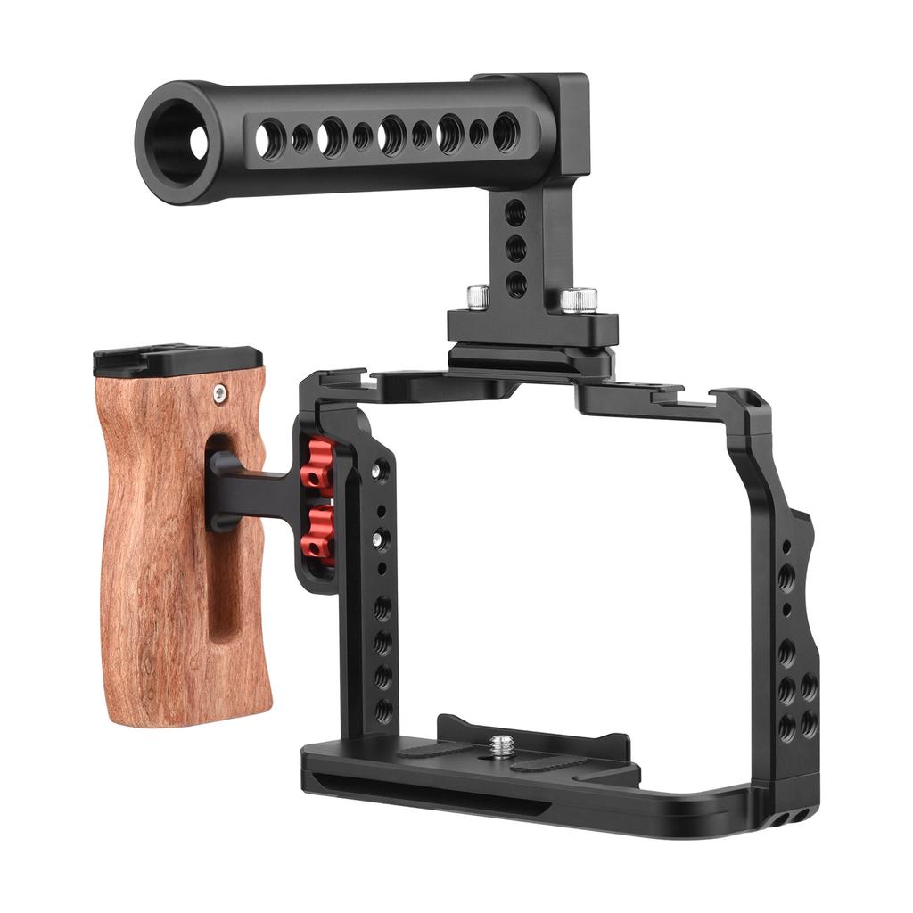 Andoer Camera Video Cage + Top Handle + Side Wooden Grip Kit Aluminum Alloy with Dual Cold Shoe