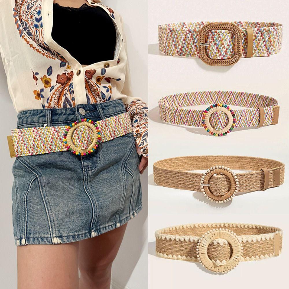 Woven Boho Straw Weave Belt Retro Ethnic Style Waistband Punk Bohemian Style Belt Jeans Decorative