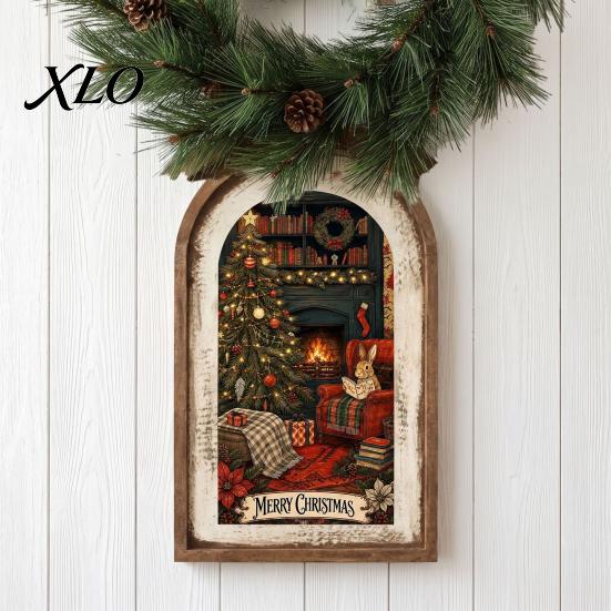Holiday Tabletop Ornament Rustic Christmas Wooden Decoration, Vintage Arched Window Frame Wall Xmas Table Sign Decor, Winter Party Scene Centerpiece