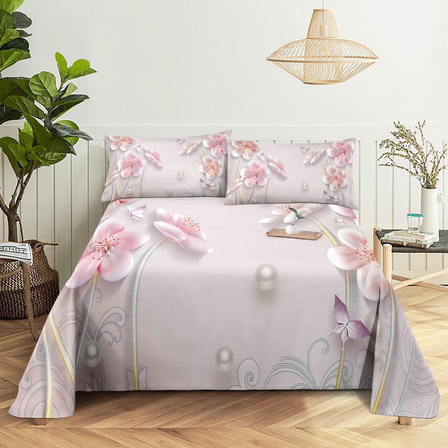 Bedsheets Set With Pillows Case Queen Size Soft Bed Sheets And Pillowcases For Single Double Beds Twin Pink Flower Thin Fabric