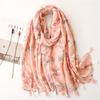 New Simple and Fresh Soft Scarf for Women with Pink Floral Decorative Tassel Headband, Casual Fashion Gauze Shawl