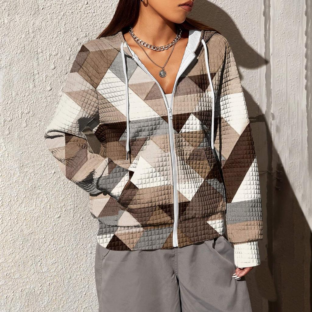 Women's Fashion Irregular Geometric Print Long Sleeve Pocket Loose Zipper Hooded Hoodie Jacket
