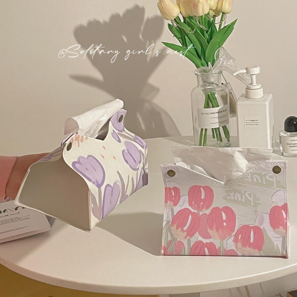 PU Tissue Box Tulip Print Household Tissue Box New Living Room Paper Drawer