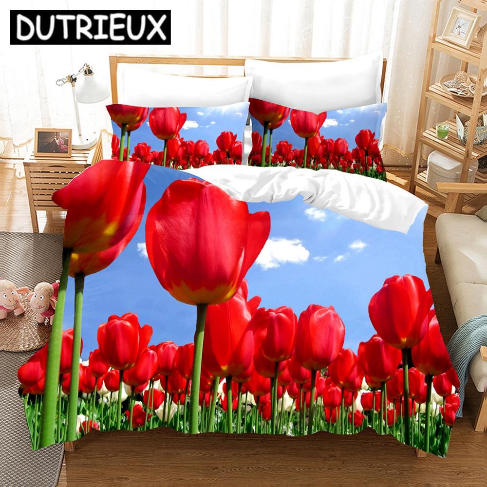 Комплект постельного белья Pink Tulip, элегантный цветочный пейзаж, 3D пододеяльник, наволочки, постельное белье, двуспальная кровать, двуспальная кровать, односпальная кровать, комплект постельного белья