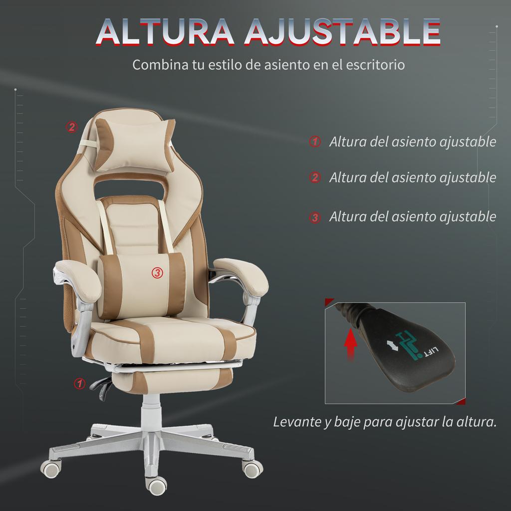 Reclining Gaming Chair, Adjustable Height, Footrest, Lumbar Support, Headrest, Cream
