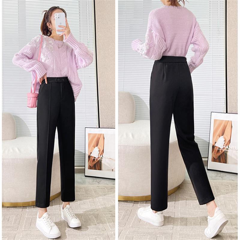 Осенне-зимние модные утепленные повседневные брюки в стиле Харадзюку, свободные брюки с высокой талией, корейские тонкие женские шерстяные брюки-карандаш