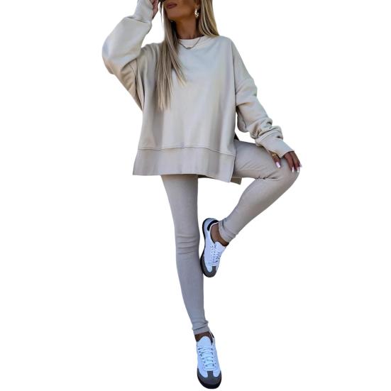 2 шт./комплект женский топ брюки костюм круглый вырез длинный рукав асимметричный подол толстовка эластичный пояс однотонные брюки зимний повседневный спортивный костюм