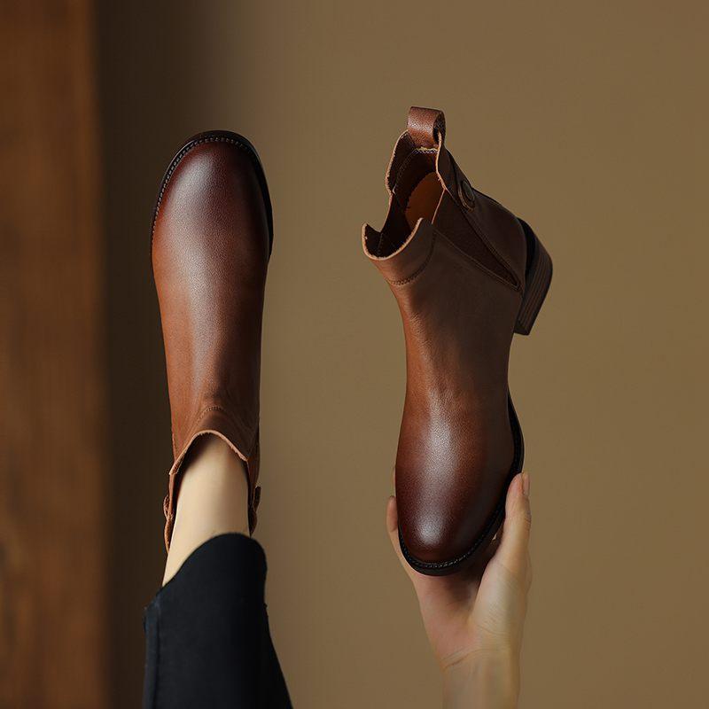 Осенне-зимние кожаные туфли с круглым носком, металлические застежки, большой размер, толстый каблук, без застежек, женские ботинки «Челси»