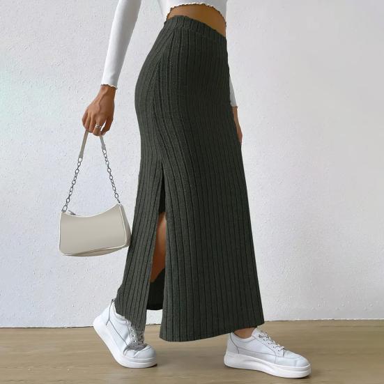 Maxi Skirt with Side Slits High-Waisted Ribbed Long Skirt Solid Color Hip Wrapped Autumn Winter Long Skirt