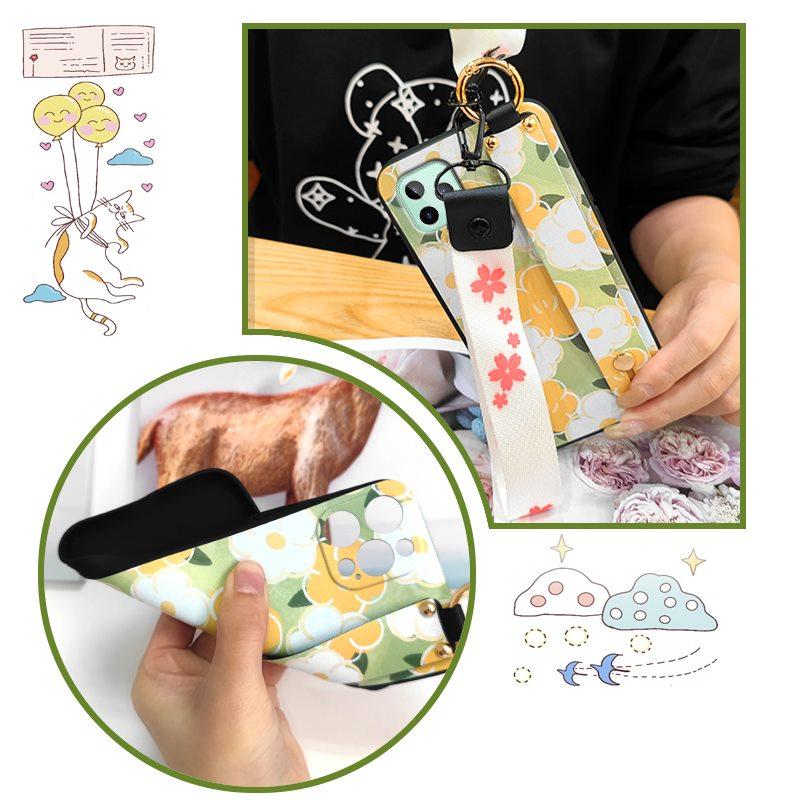 Anti-knock Flower Phone Case For Oukitel C22 Ring Back Cover Dirt-resistant Fashion Design Silicone Wrist Strap Lanyard