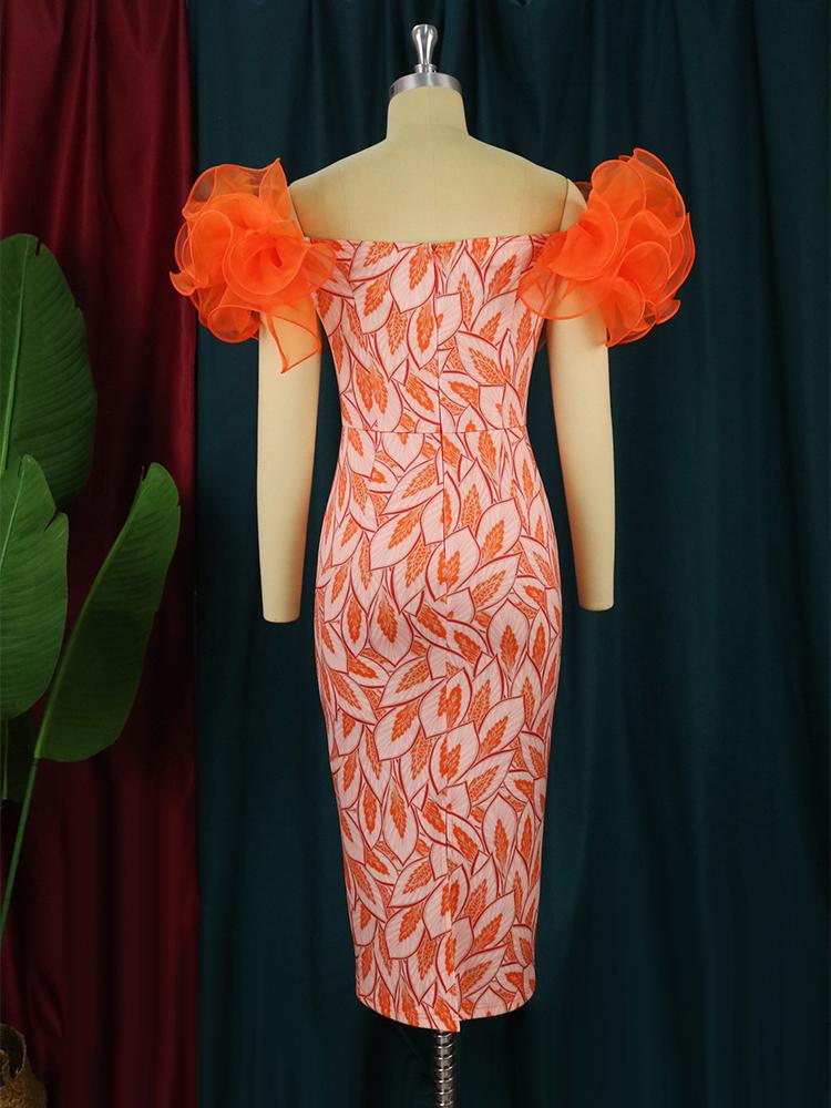 Оранжевое платье с принтом миди, женское вечернее вечернее платье с рюшами и коротким рукавом в стиле ретро, винтажное платье-карандаш для празднования дня рождения, летние наряды размера плюс