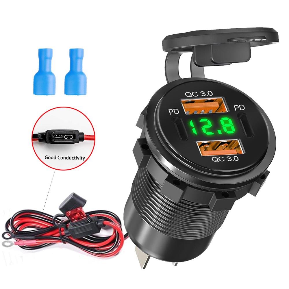 Автомобильное зарядное устройство 96 Вт, розетка, двойной USB QC3.0 и двойной Type-C PD3.0, розетка для быстрой зарядки со светодиодным вольтметром для автомобилей 12-24 В