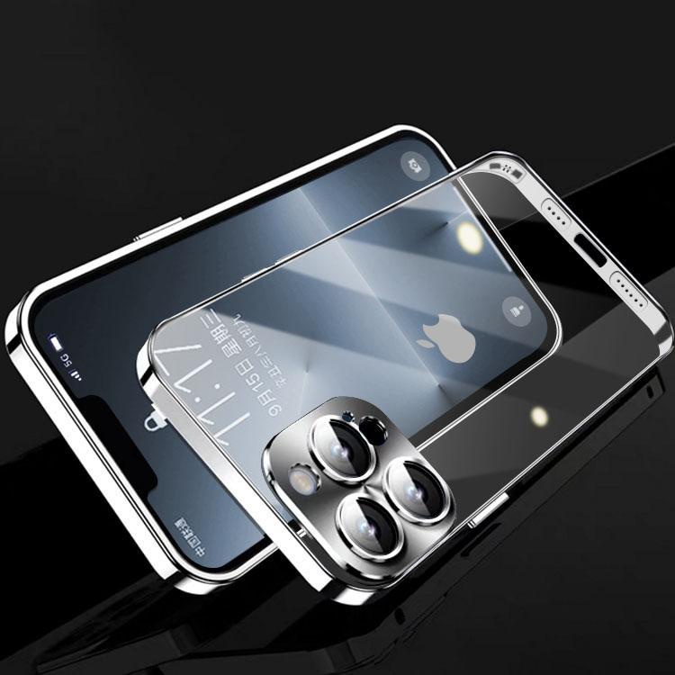Роскошный чехол для телефона с металлическим каркасом для iPhone 14 13 12 Pro Max, стеклянная крышка с полным объективом, прозрачная задняя крышка