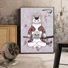 Solid Wood Frame Japanese Floating Samurai Cat Canvas Painting Retro Style Posters and Prints Wall Art Pictures for Living Room Wall Decor