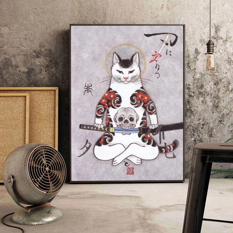 Solid Wood Frame Japanese Floating Samurai Cat Canvas Painting Retro Style Posters and Prints Wall Art Pictures for Living Room Wall Decor