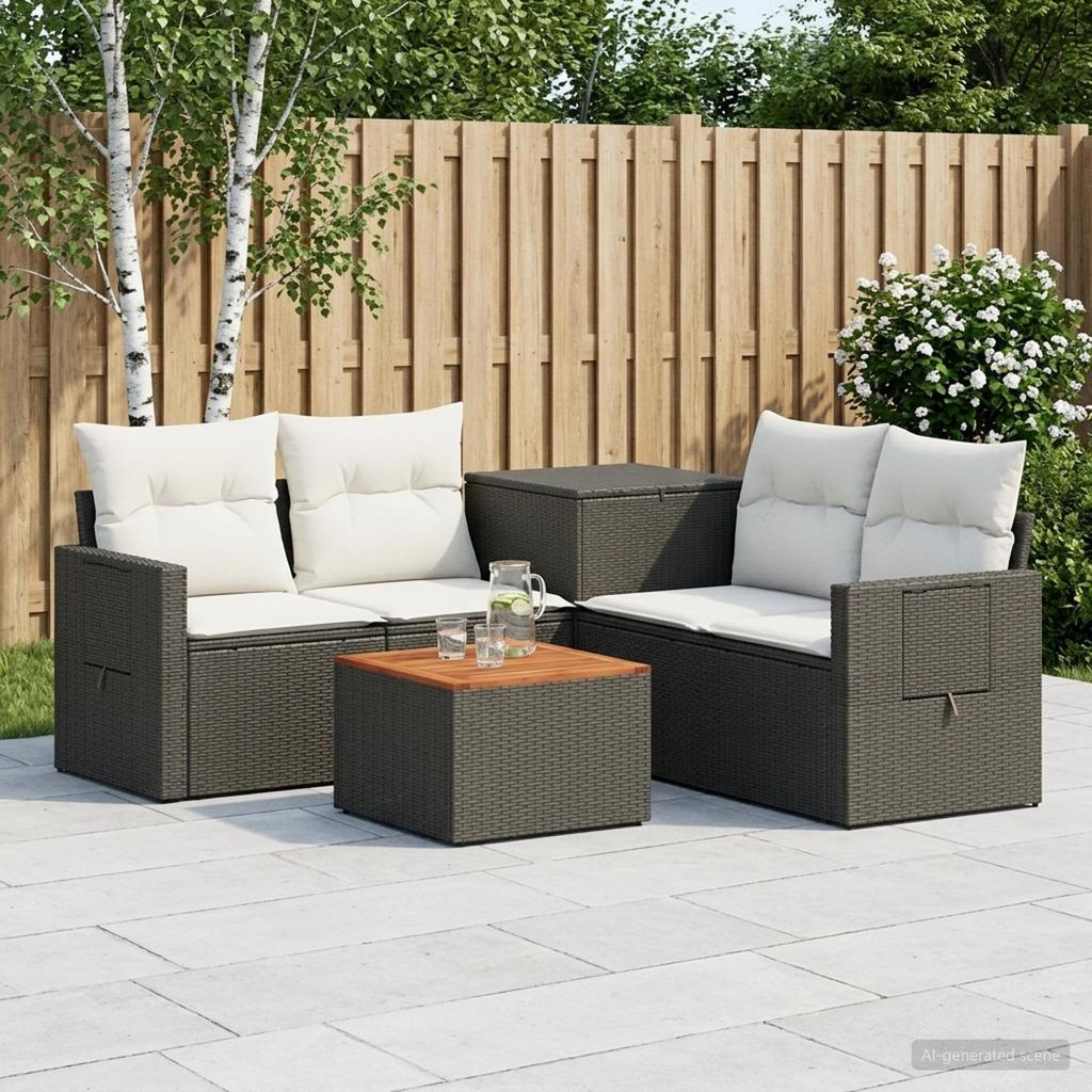 Sofa Set 6 Pieces Black and Cream White Poly Rattan and Steel