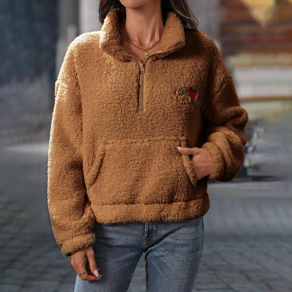 Женская и зимняя плюшевая толстовка с длинным рукавом, свободная, с полумолнией и воротником-стойкой