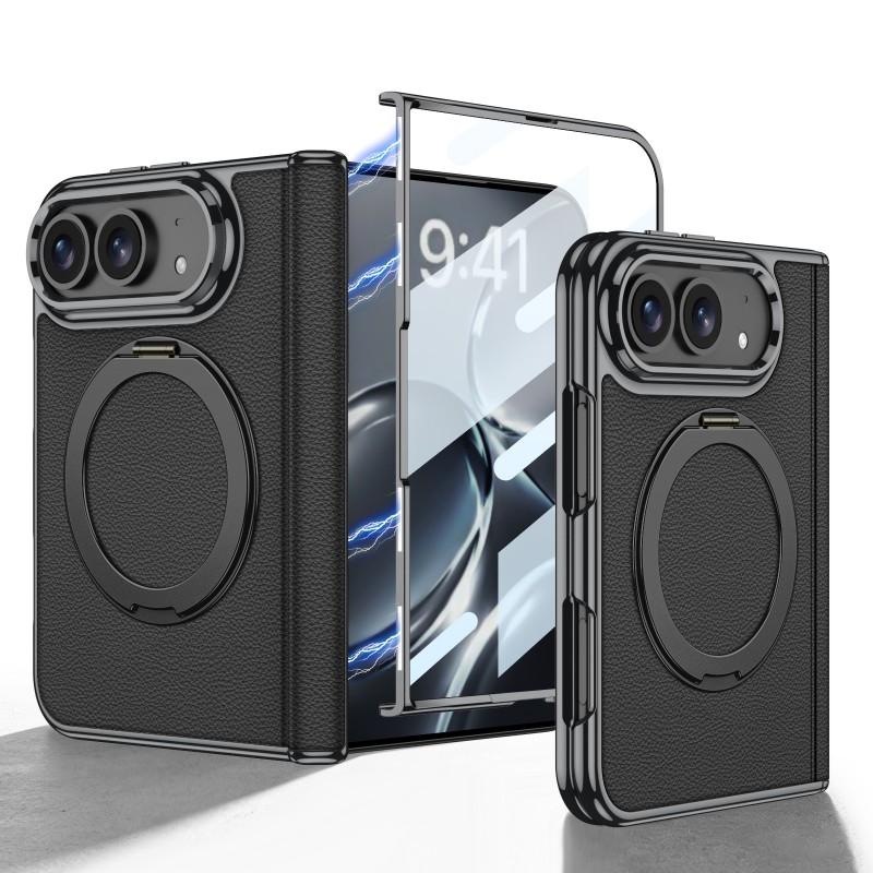 Duo Foldable Phone Case Electroplated Leather Hinge Full Body Shockproof 360 Rotation Stand