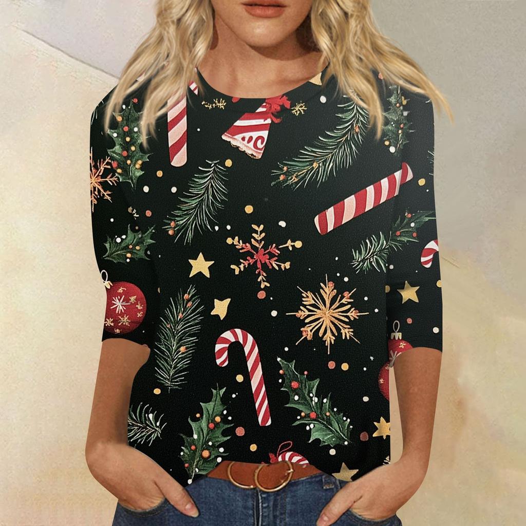 Women's Fashion Casual Seven Sleeve Christmas Printed Round Neck Top