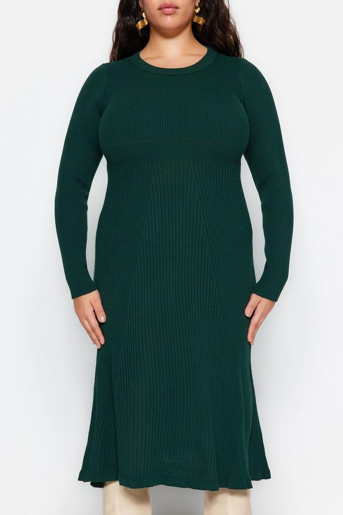 Women's Style Plus Size Brown Crew Neck Midi Knitwear Dress
