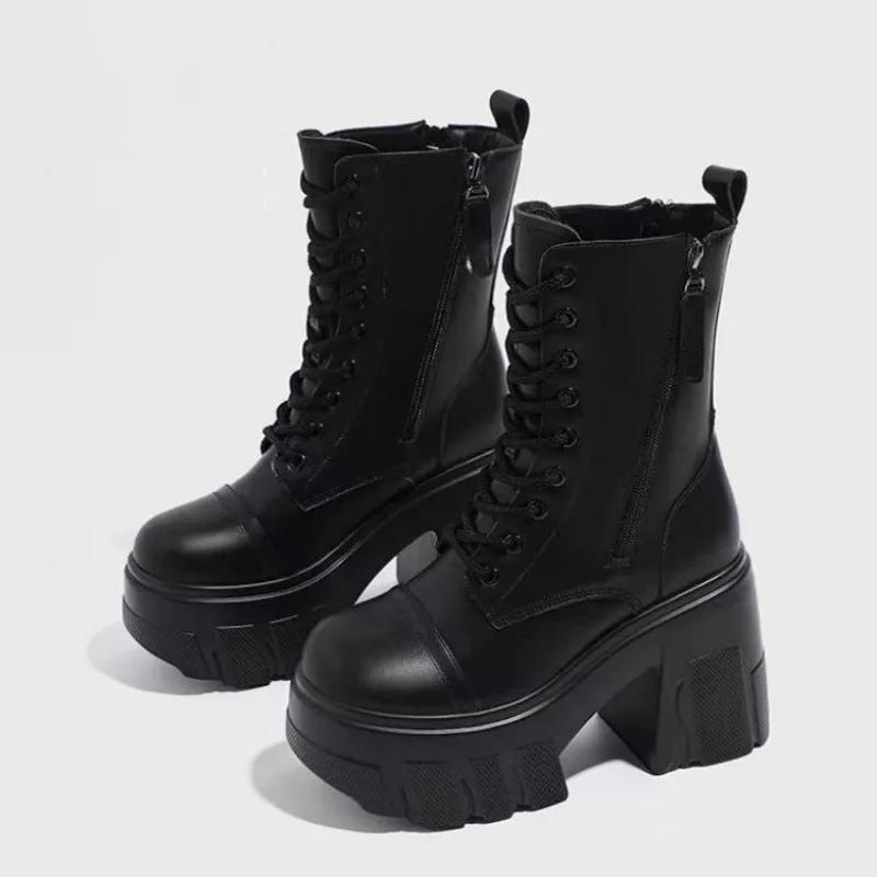 Fashion Women's Shoes 2024 High Quality Ankle Women's Boots Fashion Front Lace-up Modern Boots Women Hot Sale Round Toe Platform Heels