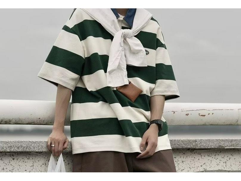 Унисекс американская ретро полоскатая футболка-поло - летняя свободная посадка, студенческий стиль, короткий рукав для модных пар