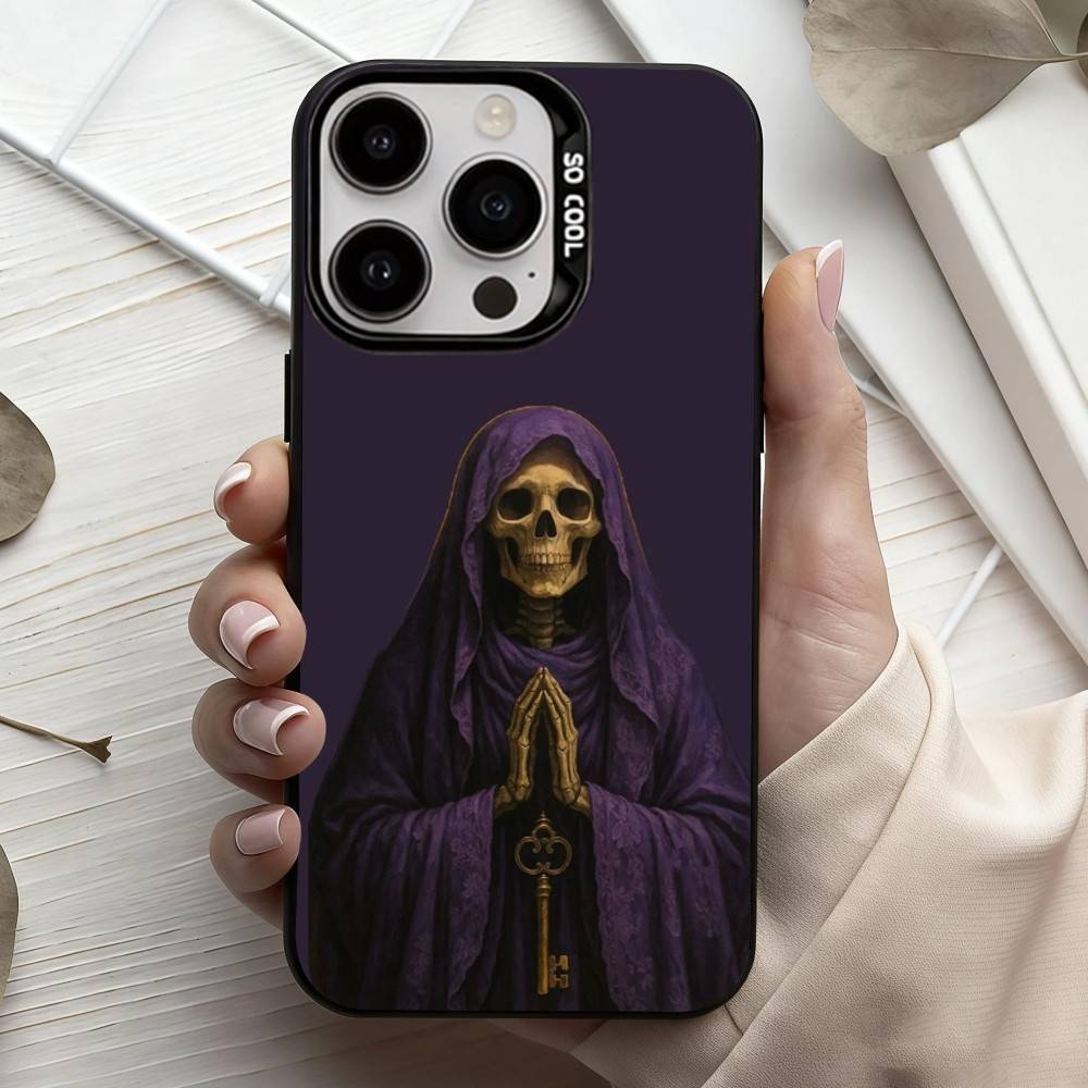 Чехол для телефона с принтом Санта Муэрте M-Muerte P-print-T Для iPhone17,16,15,14,13,12,11 Plus,Pro Max Черный Серебристый Candy чехол для телефона