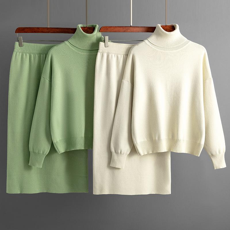 Women's Turtleneck Sweater Knit Skirt Two-piece Set Autumn Winter Knit Suit Knitted Pencil Skirt Turtleneck Sweater Skirt Set